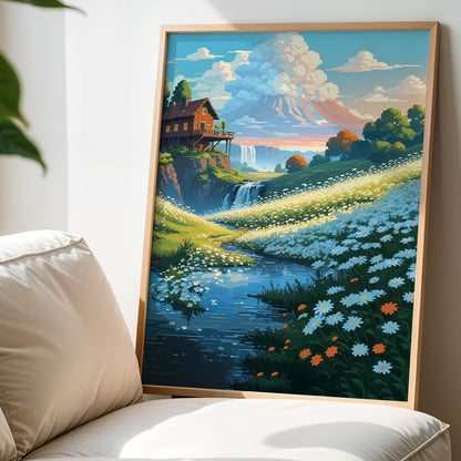Printable wall art of a serene mountain landscape with a cozy wooden cabin, wildflower meadow, flowing river, and distant waterfall under a colorful sky, perfect for nature-inspired home decor