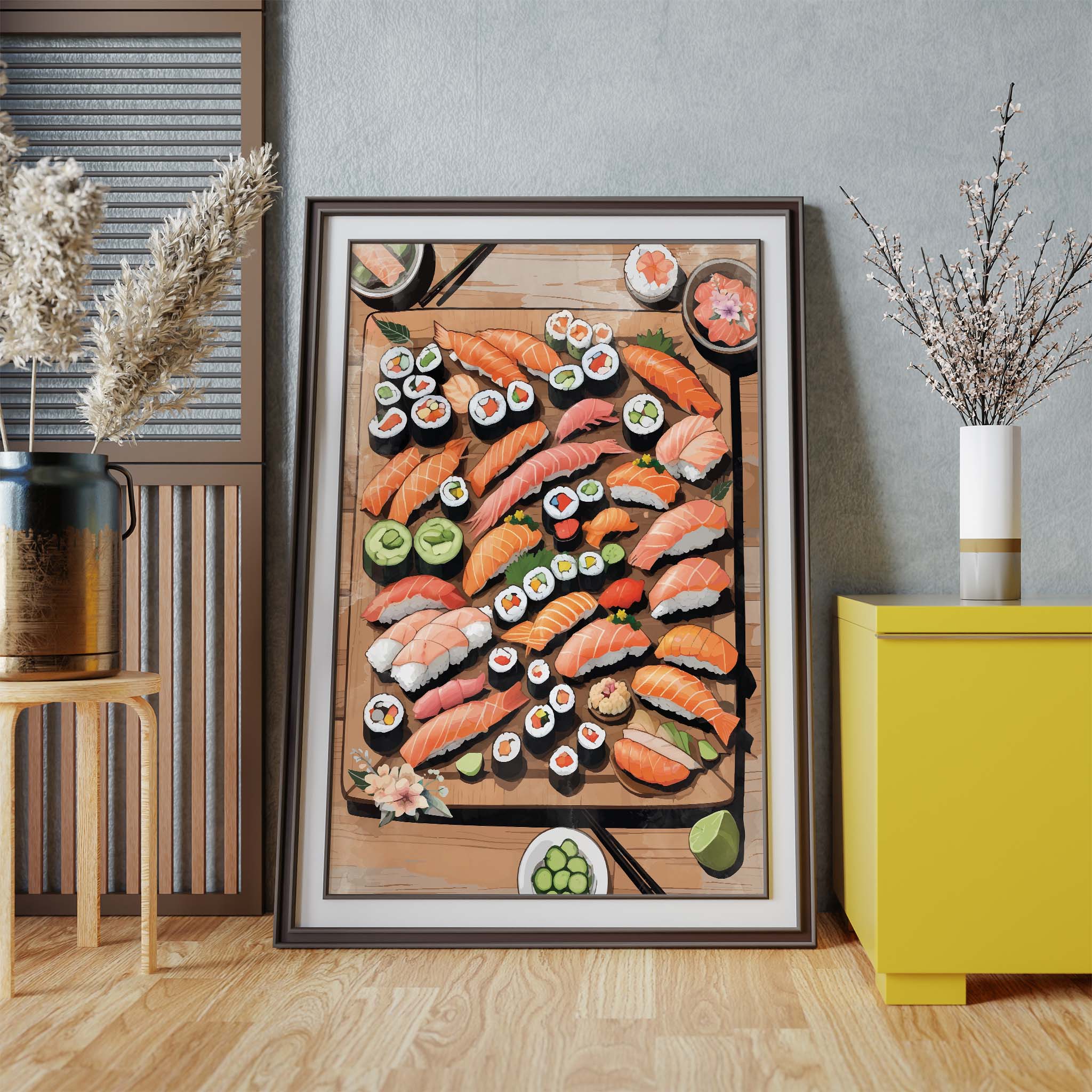 Printable wall art of an assorted sushi platter with colorful nigiri, maki rolls, sashimi, wasabi, and pickled ginger on a wooden board, perfect for kitchen, dining area, or Japanese food-themed decor