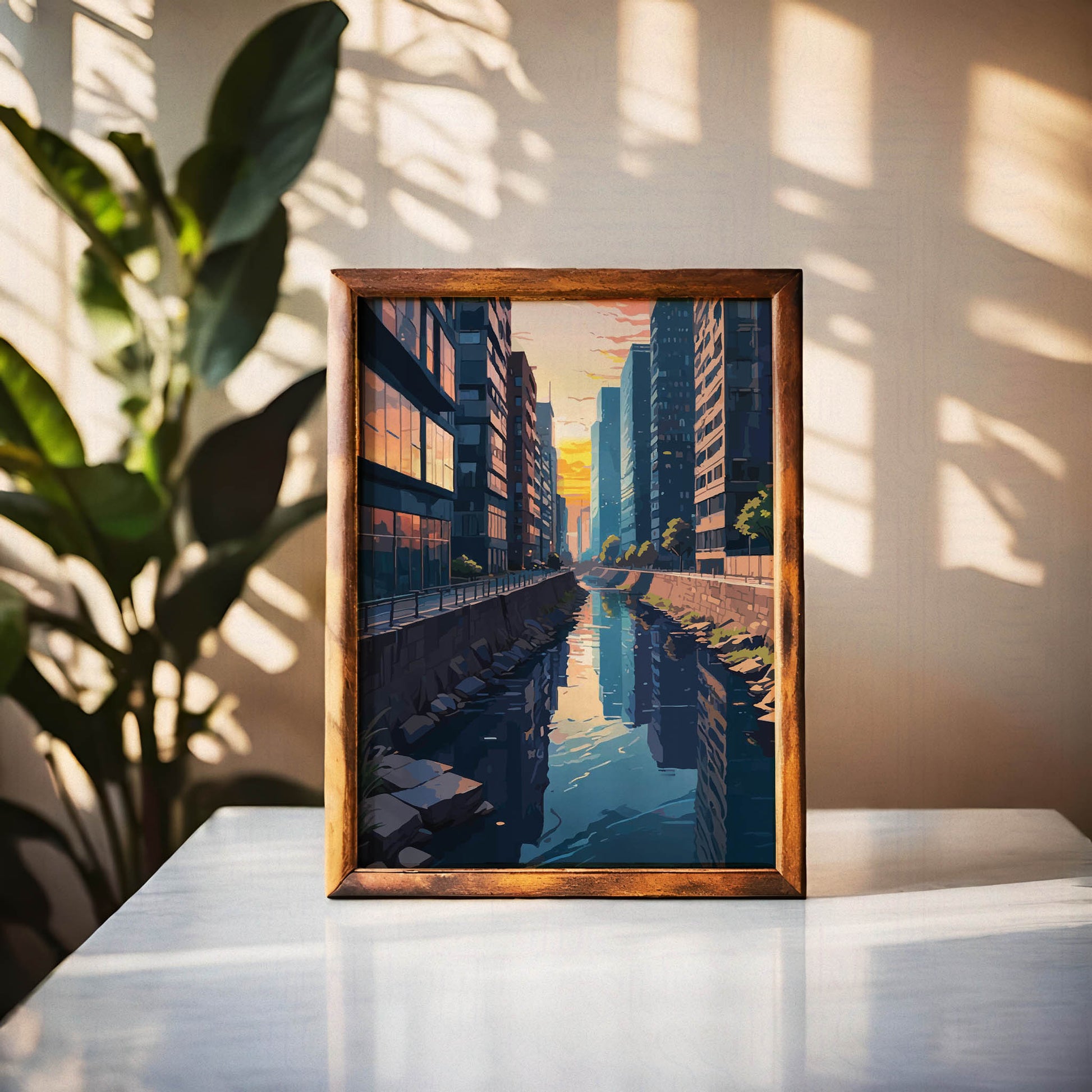 Digital painting of a serene urban canal at sunset, surrounded by tall glass buildings with warm reflections - modern printable wall art perfect for cityscape lovers and contemporary interiors