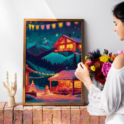 Dopamine-style winter night scene — a painterly alpine Christmas village with warm amber cabin windows, teal snow-covered mountains, a snowman in a red hat, a glowing decorated tree, and festive bunting flags under a jewel-teal night sky full of stars