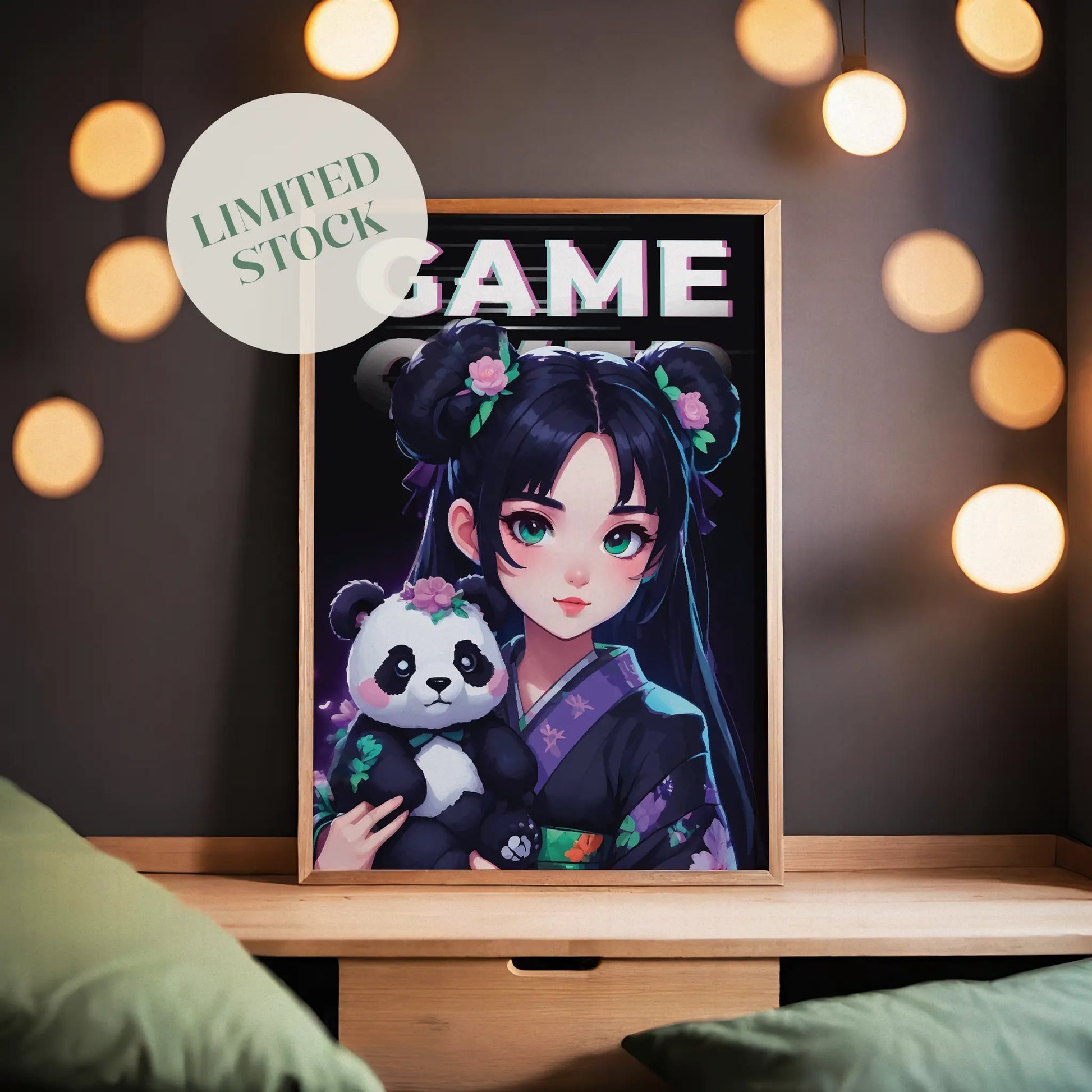 Anime-style gamer girl in a floral kimono holding a cute panda plush, with the word 'GAME' in glitch text above, vibrant, kawaii-inspired printable wall art for gamers and anime lovers