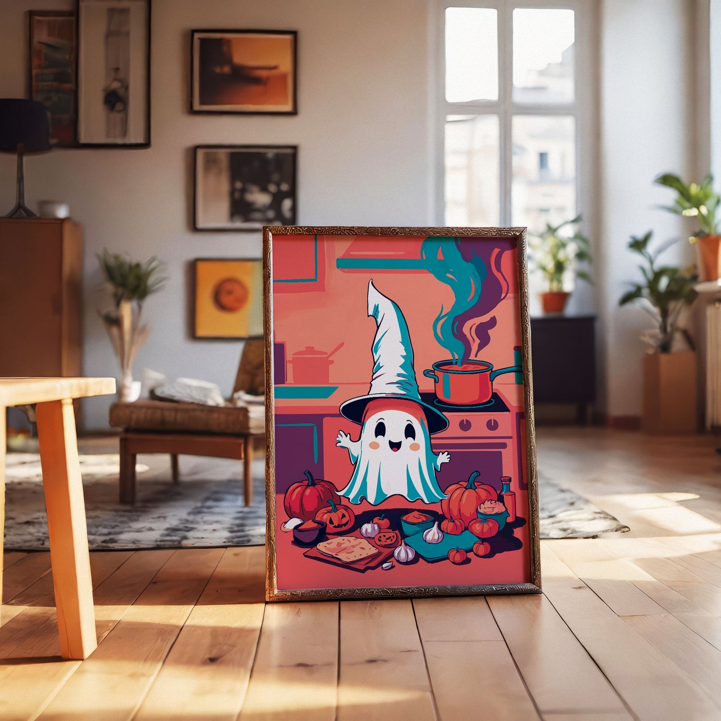 Dopamine-style ghost cooking print - a round-cheeked illustrated ghost in a towering witch hat waves happily among Halloween kitchen ingredients including jack-o-lanterns, garlic bulbs, and a simmering stovetop pot with curling teal smoke