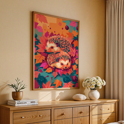 Close-up of a rich autumn nature print - two hedgehogs with teal-tipped spines resting together in a dense fall foliage scene with jewel-toned blackberries, plum fruits, and boldly coloured maple leaves