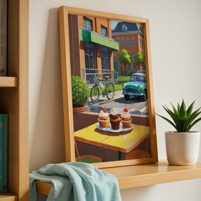 Charming street café scene featuring three cupcakes topped with whipped cream and cherries on a yellow table. In the background, a vintage green car and a bicycle are parked near red-brick buildings with green awnings and lush trees, evoking a warm, nostalgic atmosphere.