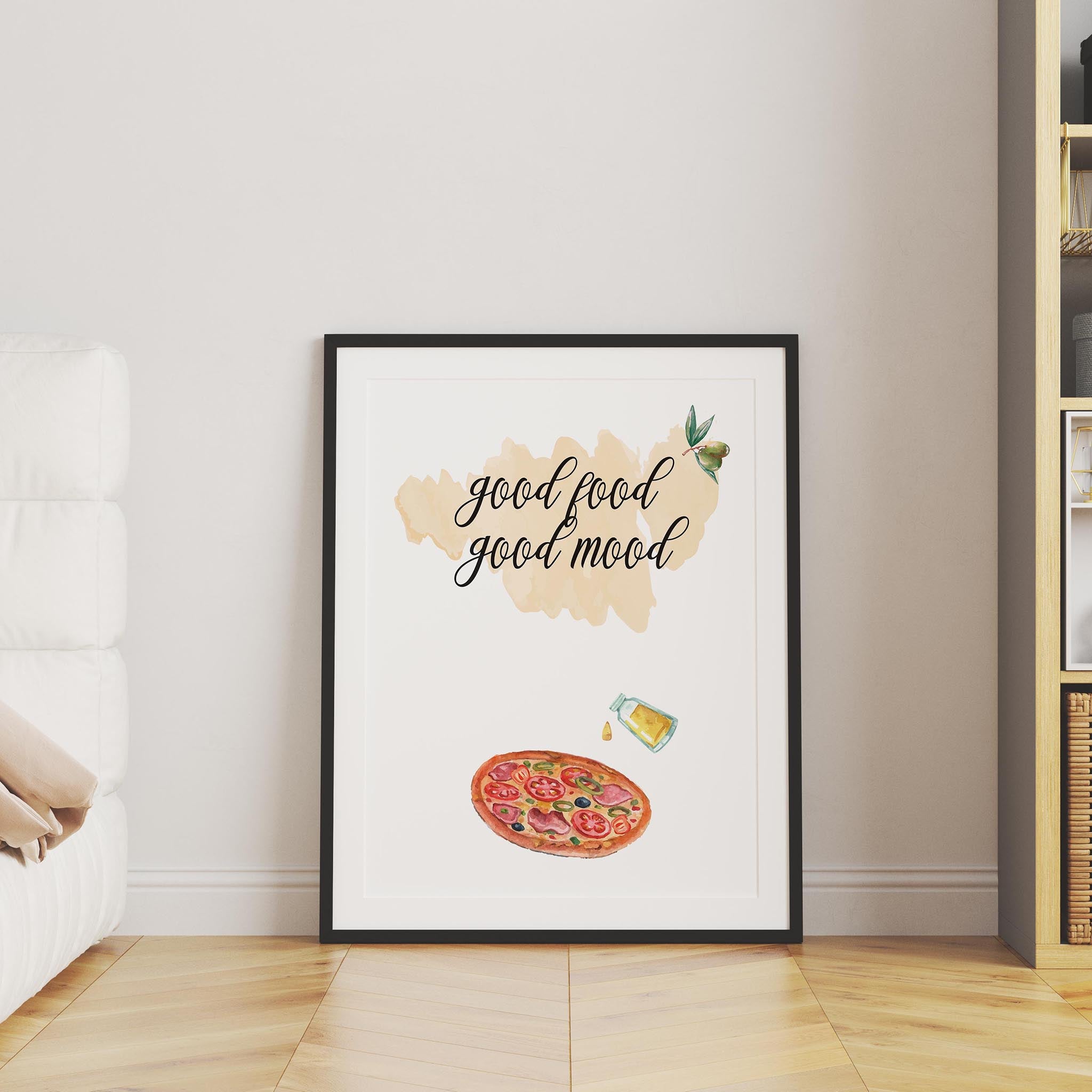 Whimsical kitchen wall art featuring a watercolor pizza slice, olive oil bottle, and olives with the handwritten phrase 'Good food, good mood' a cheerful culinary print perfect for cozy kitchen decor.