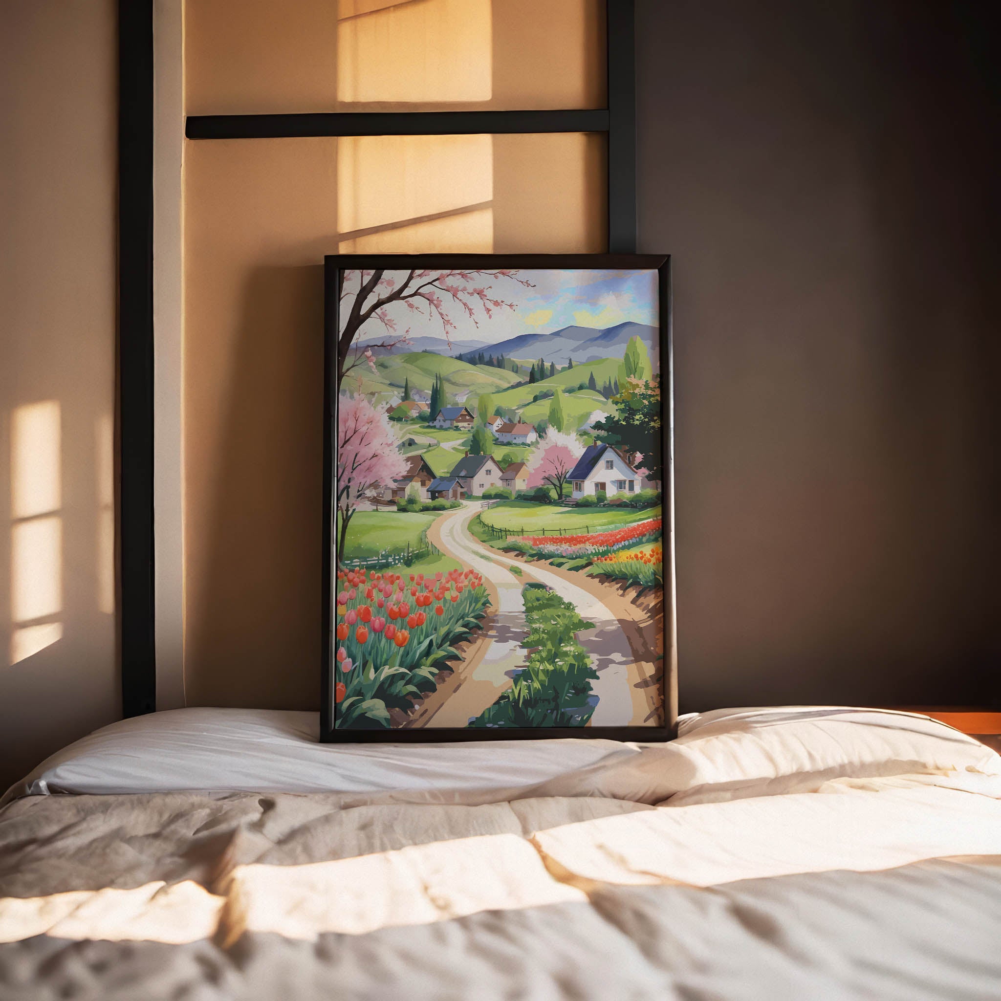 Charming countryside printable wall art showcasing a winding dirt road through vibrant tulip fields, blossoming trees, and cozy houses nestled in green rolling hills with distant mountains, perfect for spring, farmhouse, or cottagecore-inspired decor