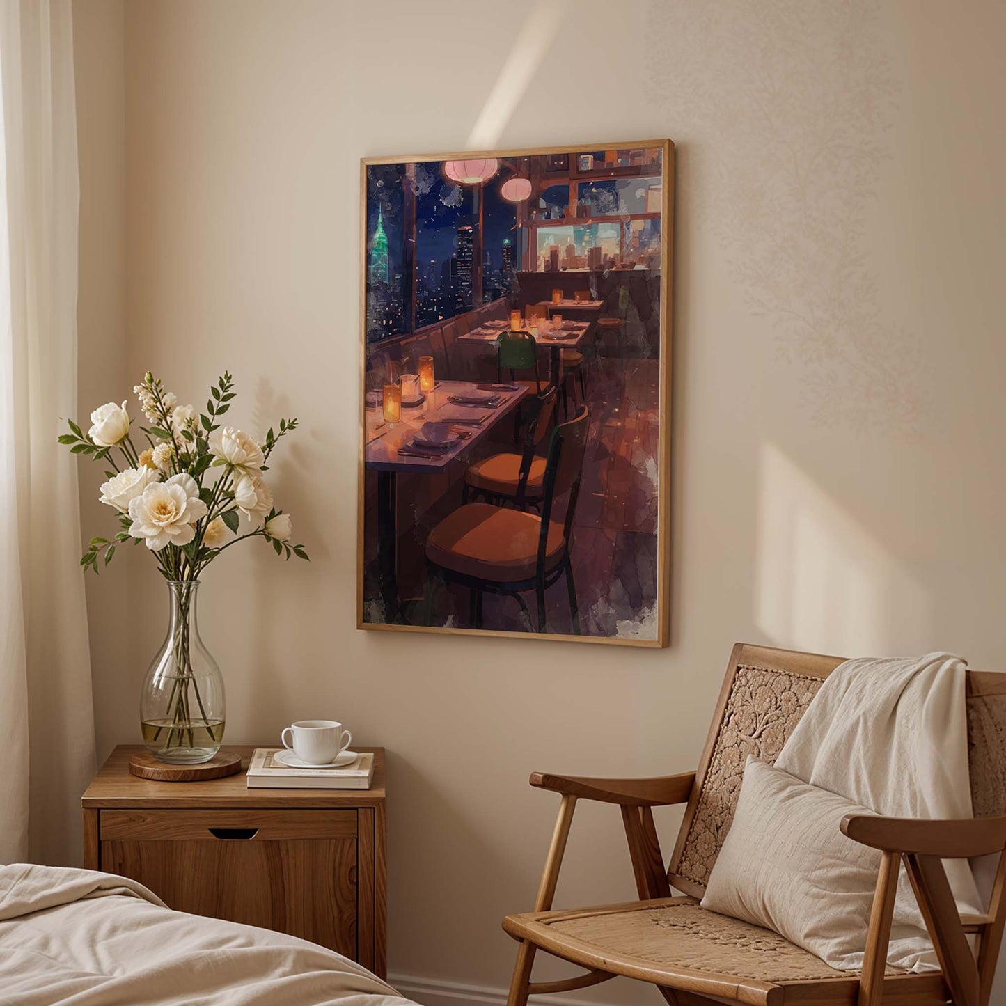 Atmospheric illustration of a cozy rooftop restaurant at night, with softly glowing candles on set tables and warm lantern lights hanging above. Large windows reveal a breathtaking city skyline with illuminated skyscrapers, creating a romantic and serene urban dining mood.