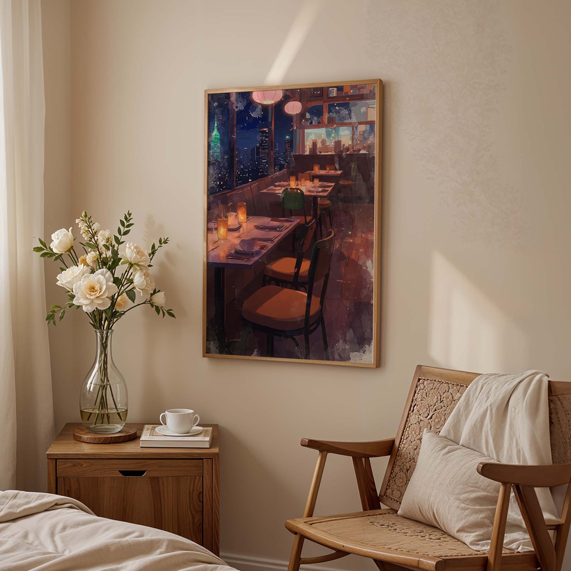 Atmospheric illustration of a cozy rooftop restaurant at night, with softly glowing candles on set tables and warm lantern lights hanging above. Large windows reveal a breathtaking city skyline with illuminated skyscrapers, creating a romantic and serene urban dining mood.