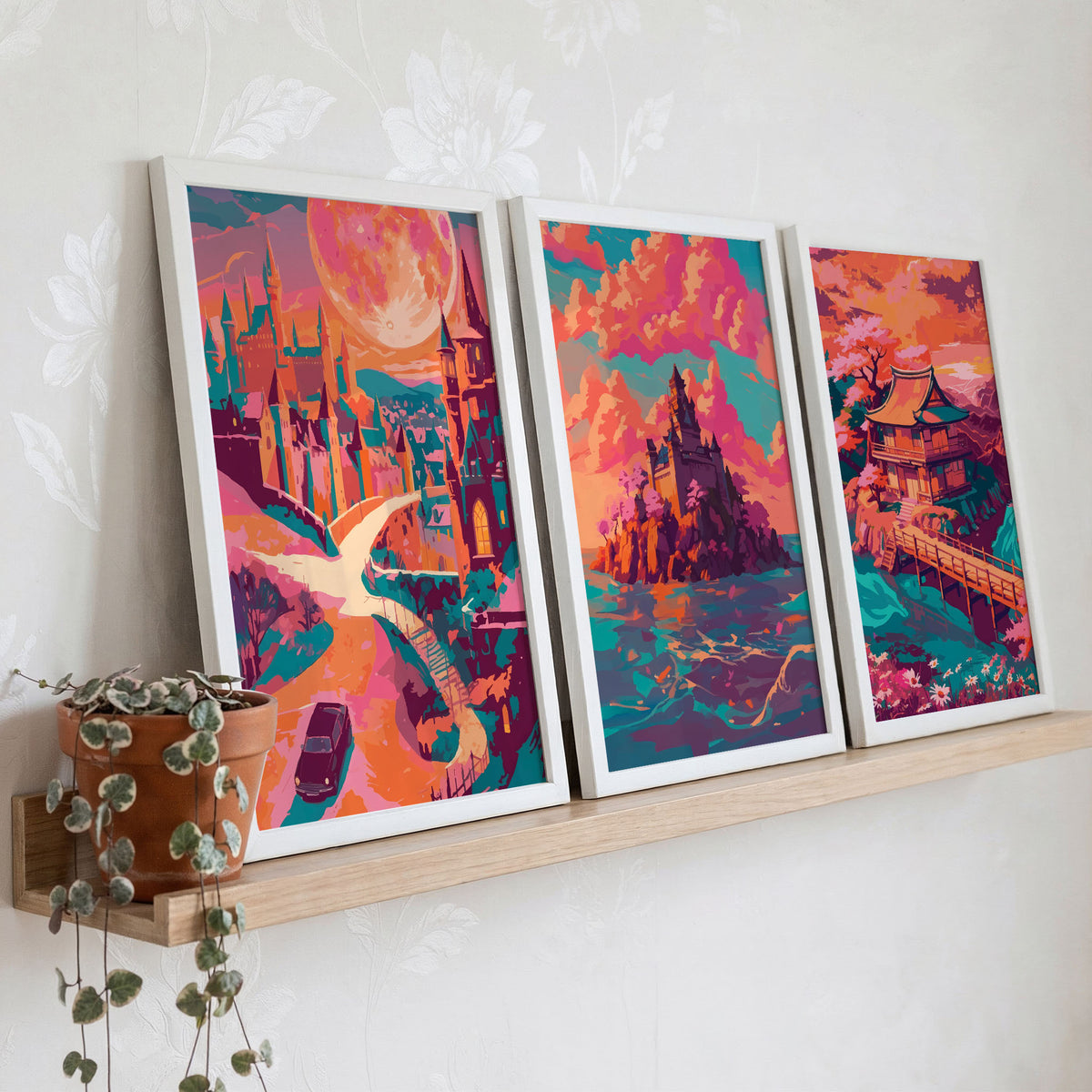 Illustrated tower rising from a rocky island under a pink and teal sunset sky