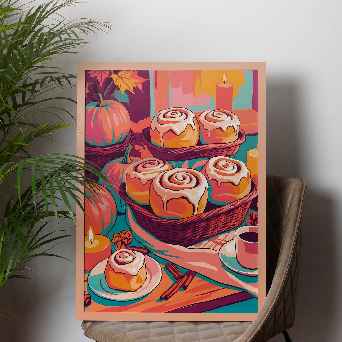 Dopamine-style kitchen print with oversized glazed cinnamon rolls, lit pillar candles, and a mug of black coffee against a vibrant colour-blocked autumn backdrop