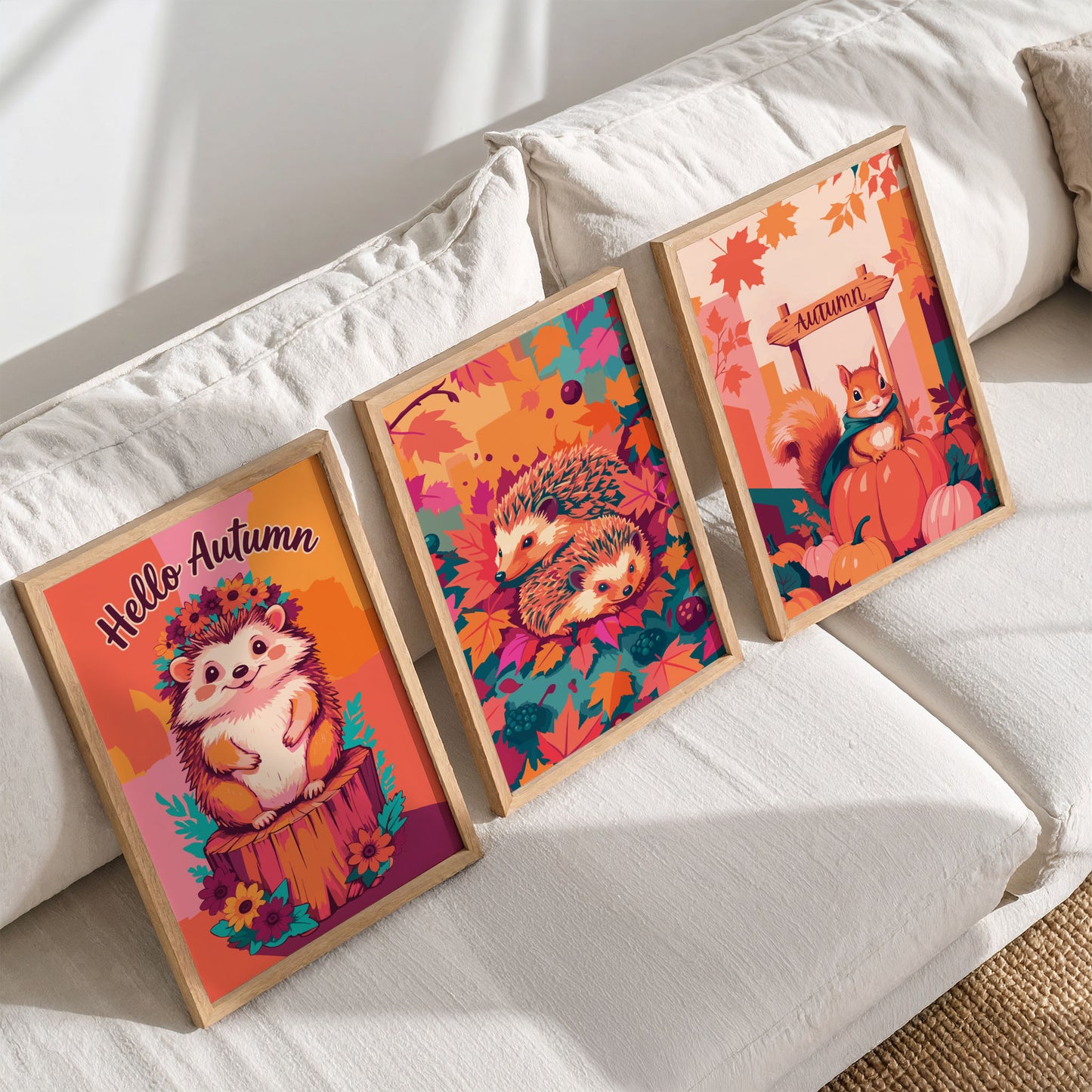 Styled shelf display of three bold autumn animal prints in white frames - a smiling hedgehog character poster, a painterly hedgehog pair nestled in fall foliage, and a whimsical squirrel perched on pumpkins beneath an Autumn sign