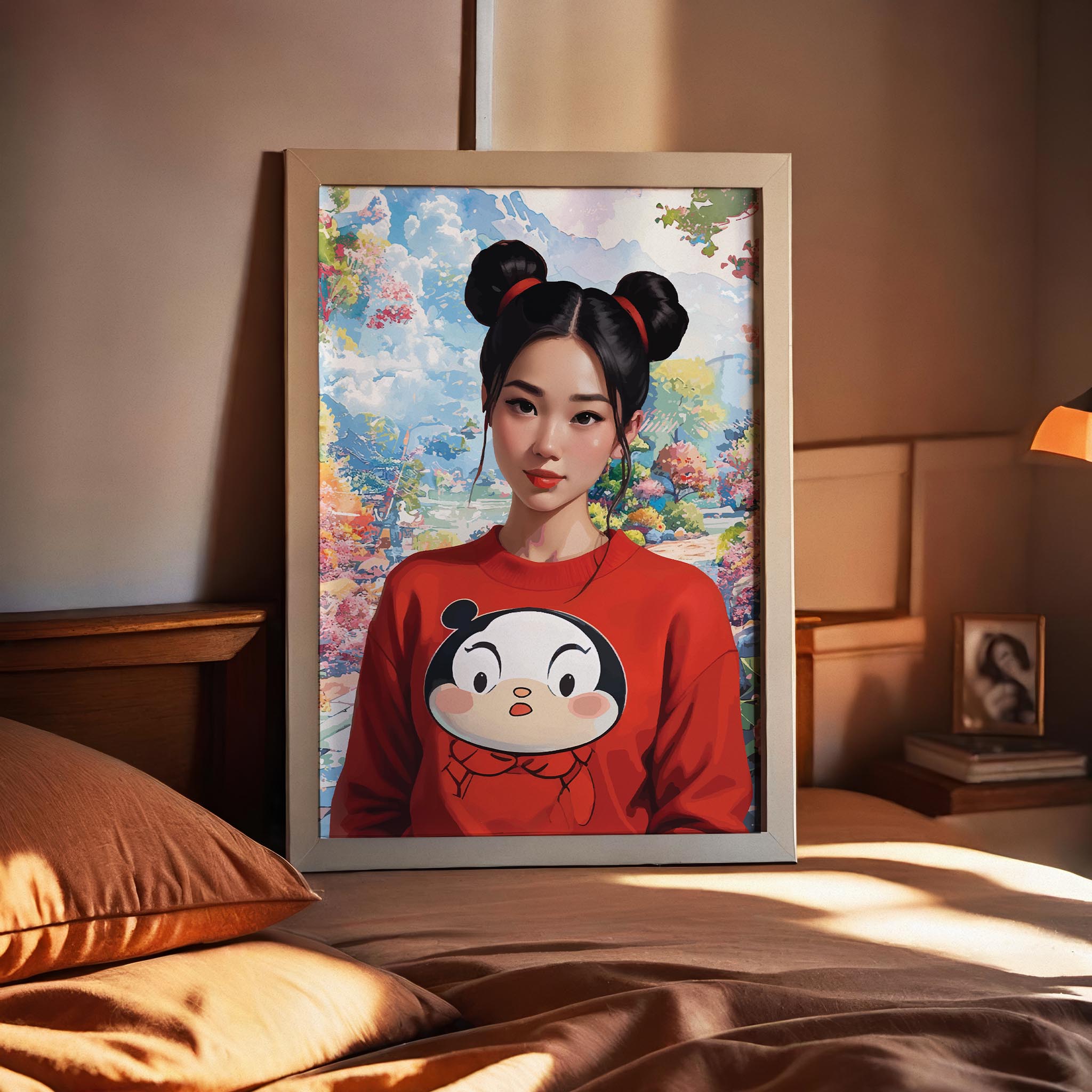 Stylized digital portrait of an Asian girl with double buns and a red cartoon sweatshirt, set against a dreamy, colorful landscape, vibrant printable wall art