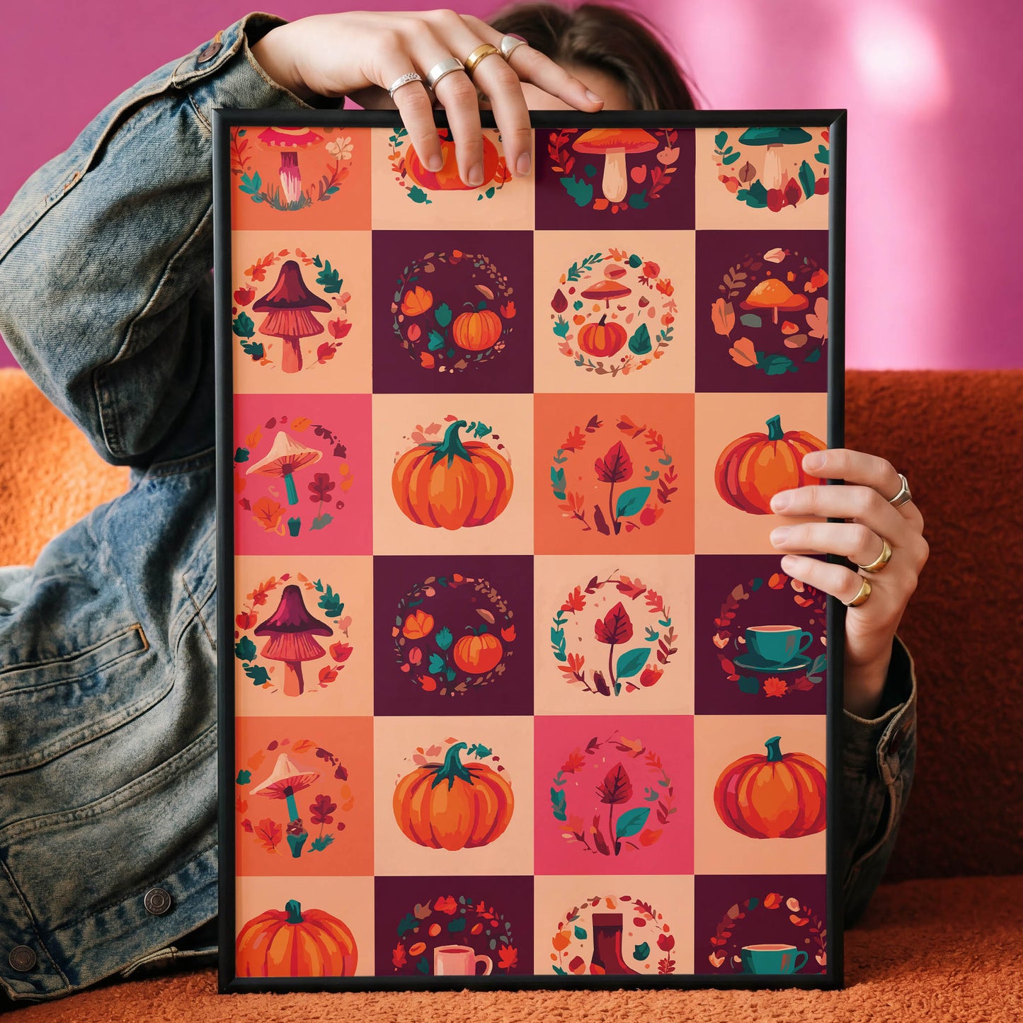 Bold fall-themed clipart sheet featuring illustrated pumpkins, mushrooms, and leaf wreaths in orange, burgundy, and teal on a peach and plum checker grid