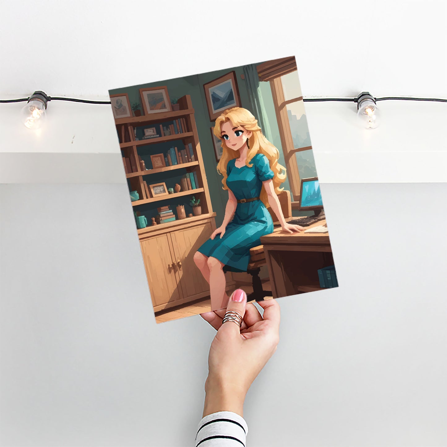 Warm and inviting illustration of a blonde woman in a teal dress sitting by a wooden desk in a cosy home office. Sunlight filters through the window, highlighting bookshelves filled with books, framed art, and plants, creating a calm and creative workspace atmosphere.