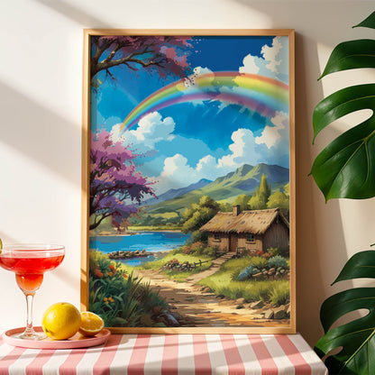 Whimsical countryside illustration featuring a cozy thatched cottage beside a peaceful lake, surrounded by rolling green hills, blooming trees, and a vibrant rainbow arching across a bright blue sky. Dreamy nature wall art with a fairytale, cottagecore aesthetic and soft, uplifting colors. Printable Wall Art. Digital Download.