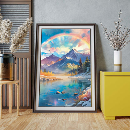 Majestic mountain landscape featuring snow-capped peaks under a radiant pastel sky with a glowing rainbow arching overhead. A calm turquoise lake reflects the colours of the sky and surrounding pine trees, creating a dreamy and uplifting nature scene filled with light and serenity.