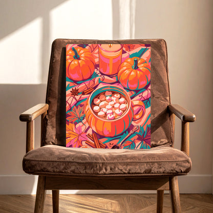 Close-up of a vibrant fall drink illustration - a pumpkin-shaped mug filled with hot chocolate and mini marshmallows, styled with star anise, a decorative spoon, orange slices, and teal-veined autumn leaves