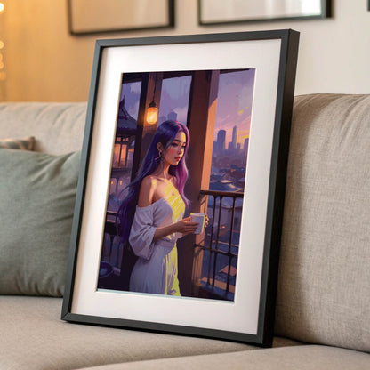 Dreamy illustration of a woman with long purple hair standing on a balcony at sunset, holding a cup of coffee. She wears an off-shoulder white outfit as warm golden light casts soft highlights on her face and clothes. The city skyline glows in the distance, creating a calm and reflective evening atmosphere.