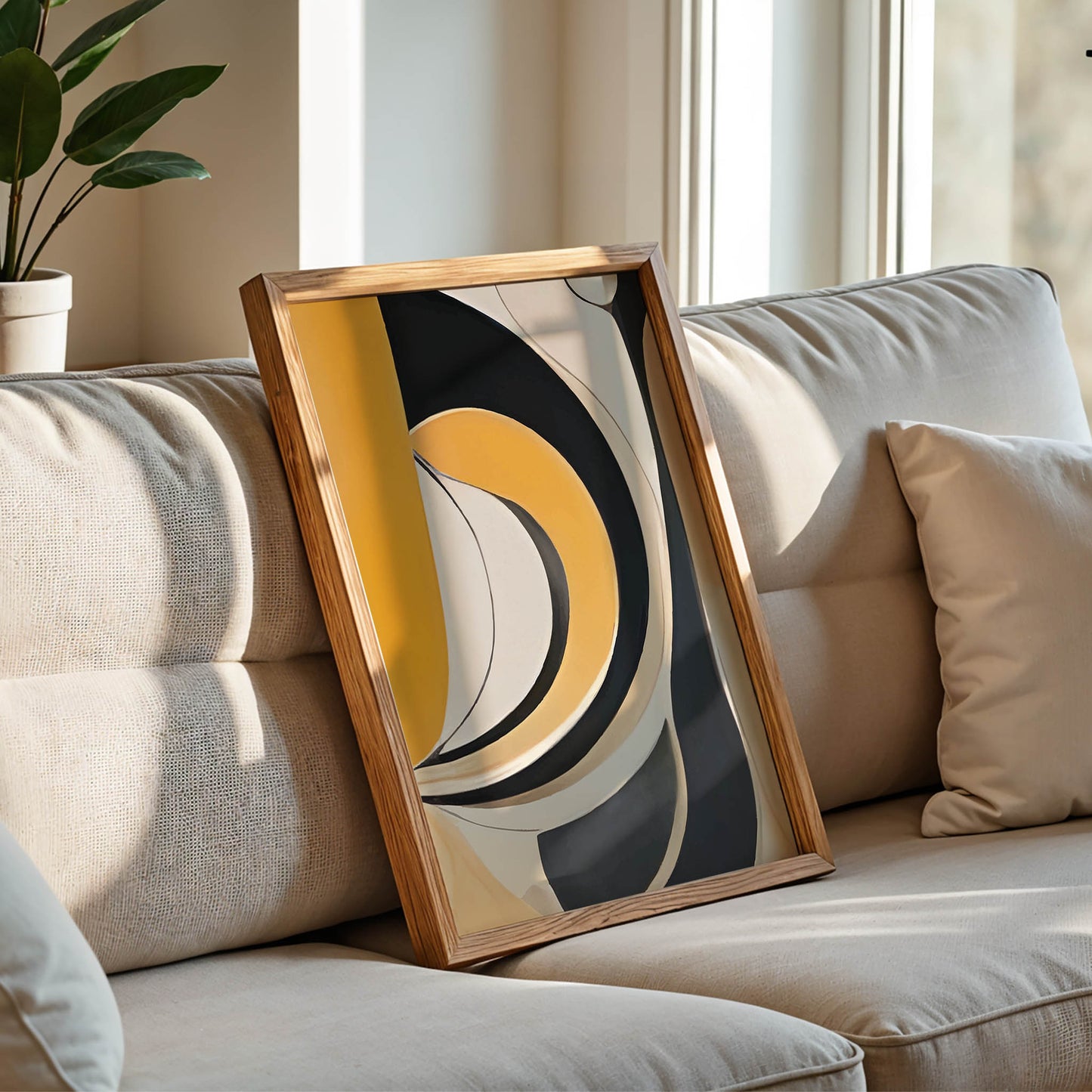 Abstract geometric wall art featuring bold curved shapes in mustard yellow, charcoal grey, beige, and off-white tones. The flowing lines and layered arcs create a modern, mid-century inspired composition with a sense of movement and balance.