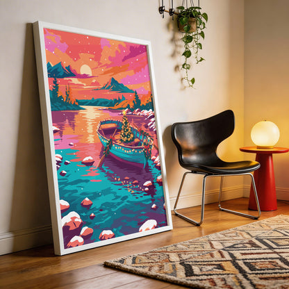 Colorful holiday wall art featuring a garland-wrapped boat on a teal alpine lake, with coral mountains and a pink sunset sky.