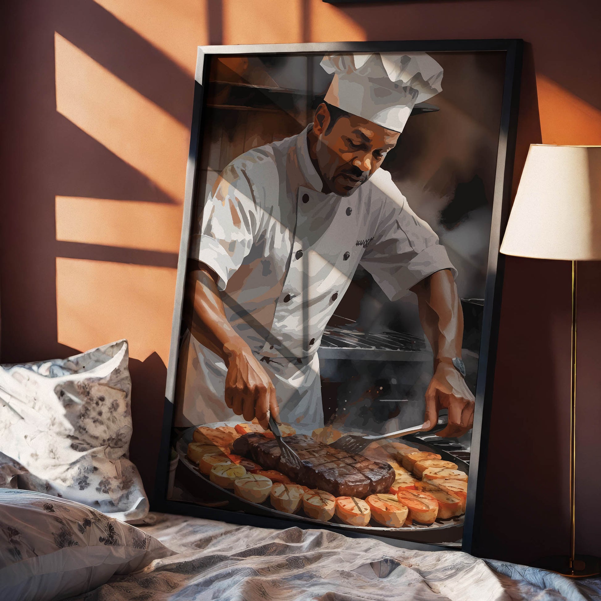Digital wall art of a chef in uniform grilling steak and vegetables, surrounded by steam and rich kitchen ambiance.