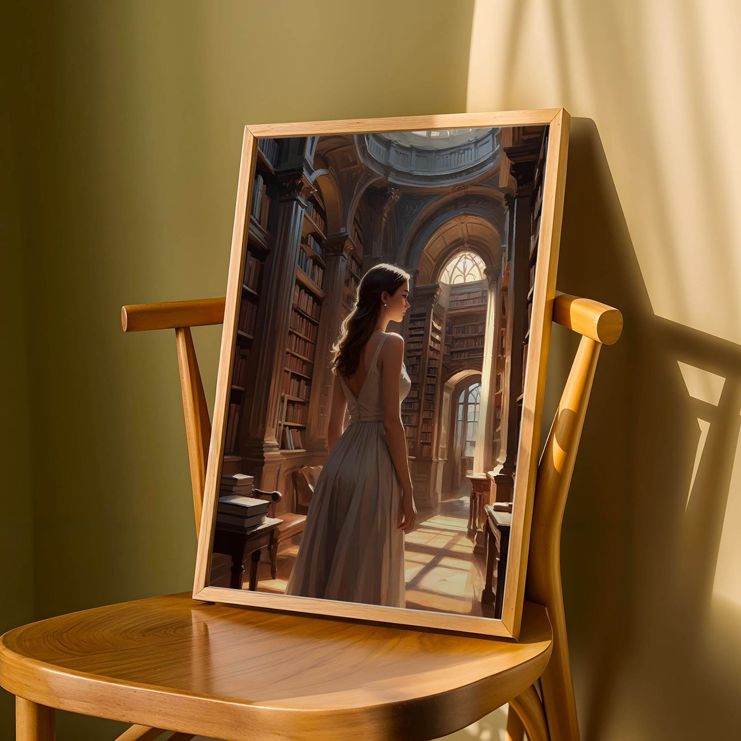 Dreamy academia-inspired illustration of a woman in an ornate library illuminated by soft afternoon light