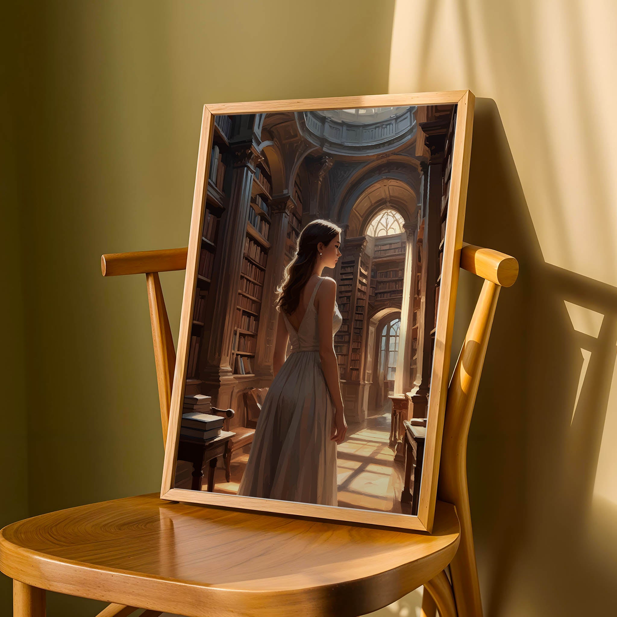 Dreamy academia-inspired illustration of a woman in an ornate library illuminated by soft afternoon light