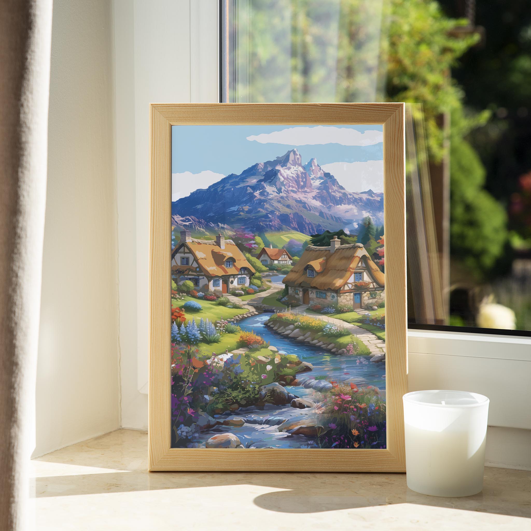 Whimsical cottagecore printable wall art featuring thatched-roof cottages beside a winding stream, colorful flower gardens, and majestic snow-capped mountains in the background under a bright sky - perfect for fairytale, nature-inspired, or countryside home decor.