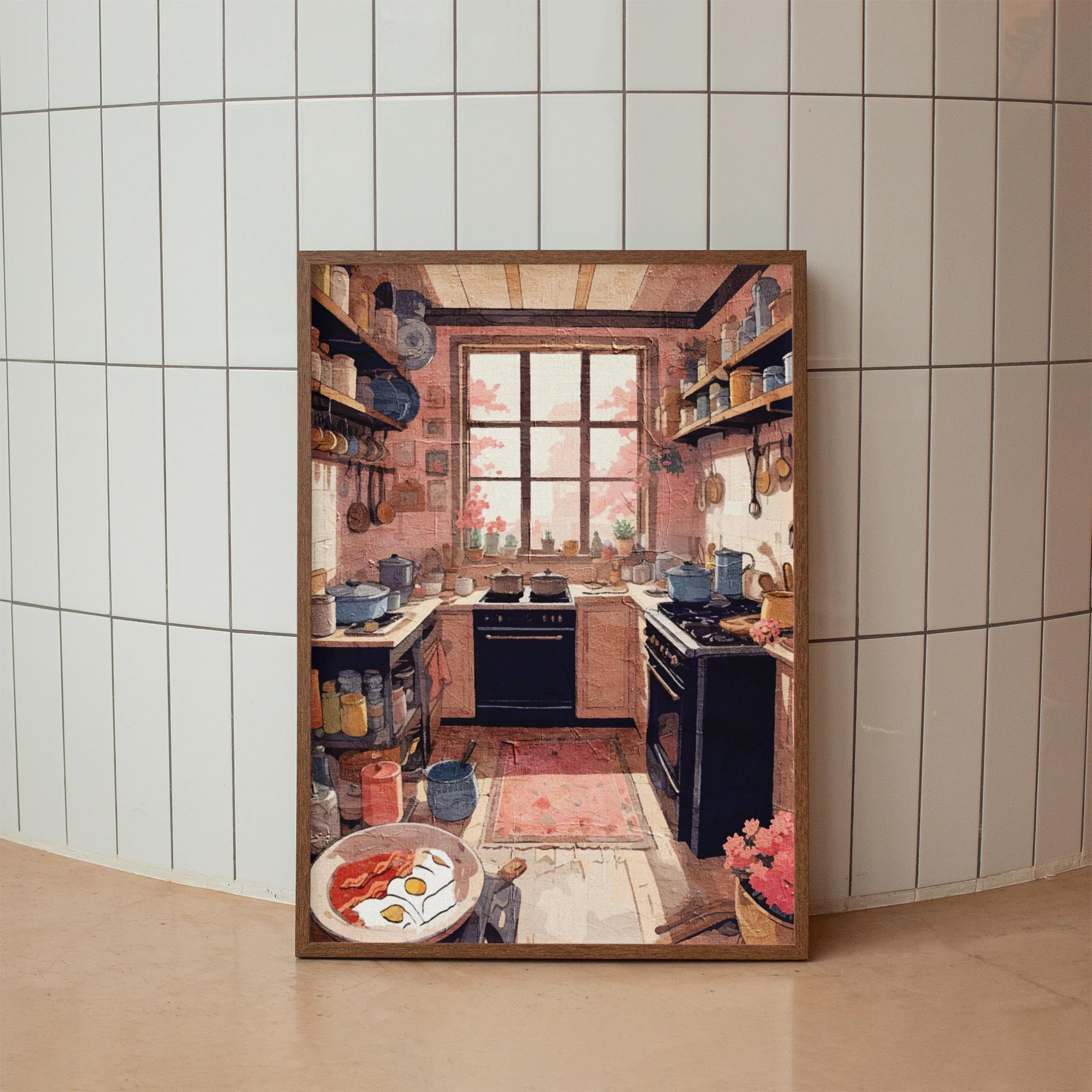 Printable wall art of a warm, rustic kitchen filled with pots, pans, and open shelving, with a large window overlooking blooming pink trees, perfect for cottagecore, farmhouse, or vintage-inspired home decor