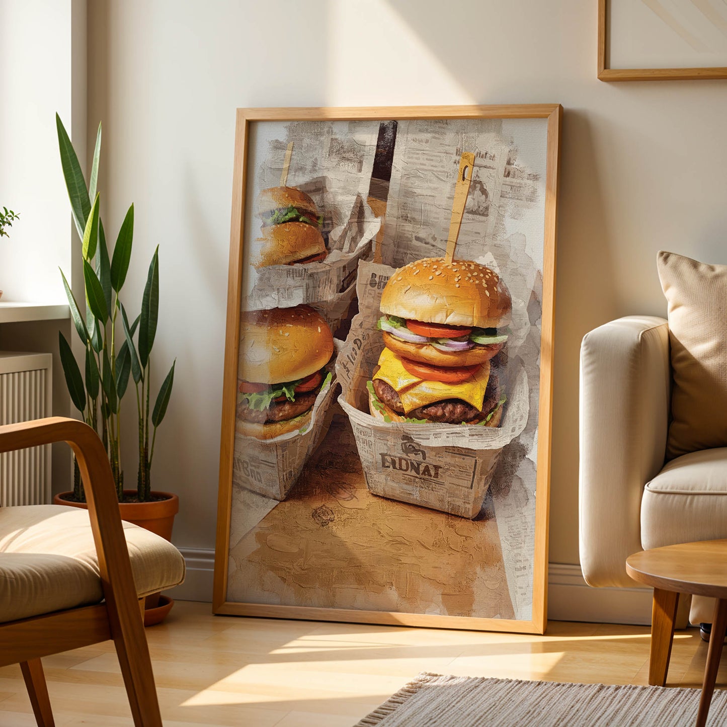 Fast food cheeseburger art with realistic texture and warm tones, kitchen wall art printable