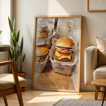 Fast food cheeseburger art with realistic texture and warm tones, kitchen wall art printable