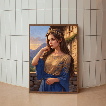 Romantic fantasy portrait illustration of a graceful woman wearing a golden crown and flowing blue and gold gown, standing on a stone balcony at sunset with mountains in the distance. Elegant medieval-inspired wall art with soft light, painterly texture, and a timeless fairytale atmosphere. Printable Wall Art. Digital Download.