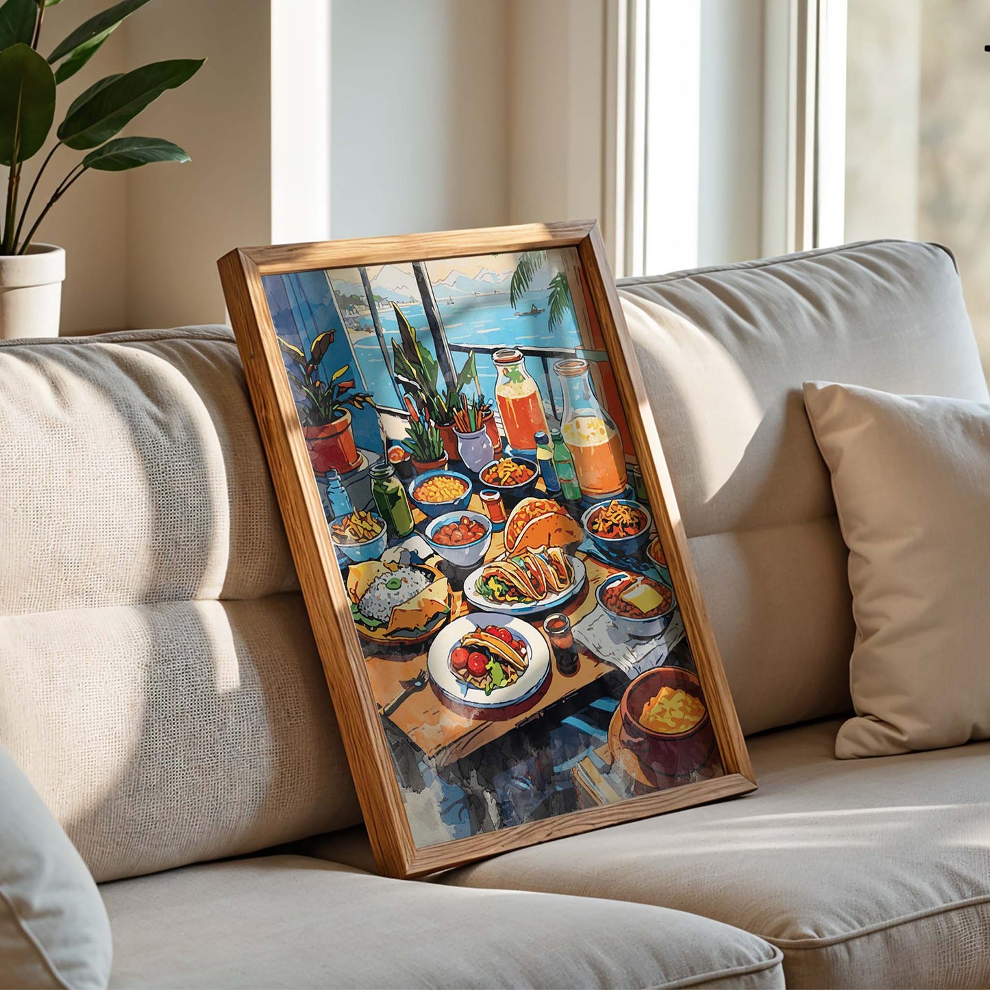 Colorful printable wall art of a festive Mexican dining table filled with tacos, rice, pasta, fresh vegetables, drinks, and juices, set against a scenic seaside view with potted plants and sailboats in the distance.