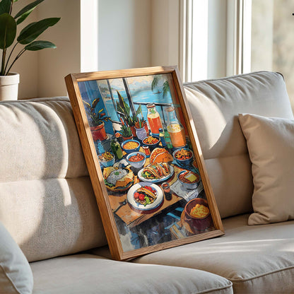 Colorful printable wall art of a festive Mexican dining table filled with tacos, rice, pasta, fresh vegetables, drinks, and juices, set against a scenic seaside view with potted plants and sailboats in the distance.
