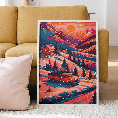 Dopamine-style winter scene print - a painterly red truck hauling a fresh-cut Christmas tree along a winding snowy road, surrounded by teal pine trees, a warm-windowed mountain lodge, and a vivid orange sunset sky with white snowfall