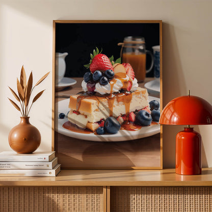 Sweet café-style wall art showing berry-topped toast with whipped cream and glossy caramel sauce