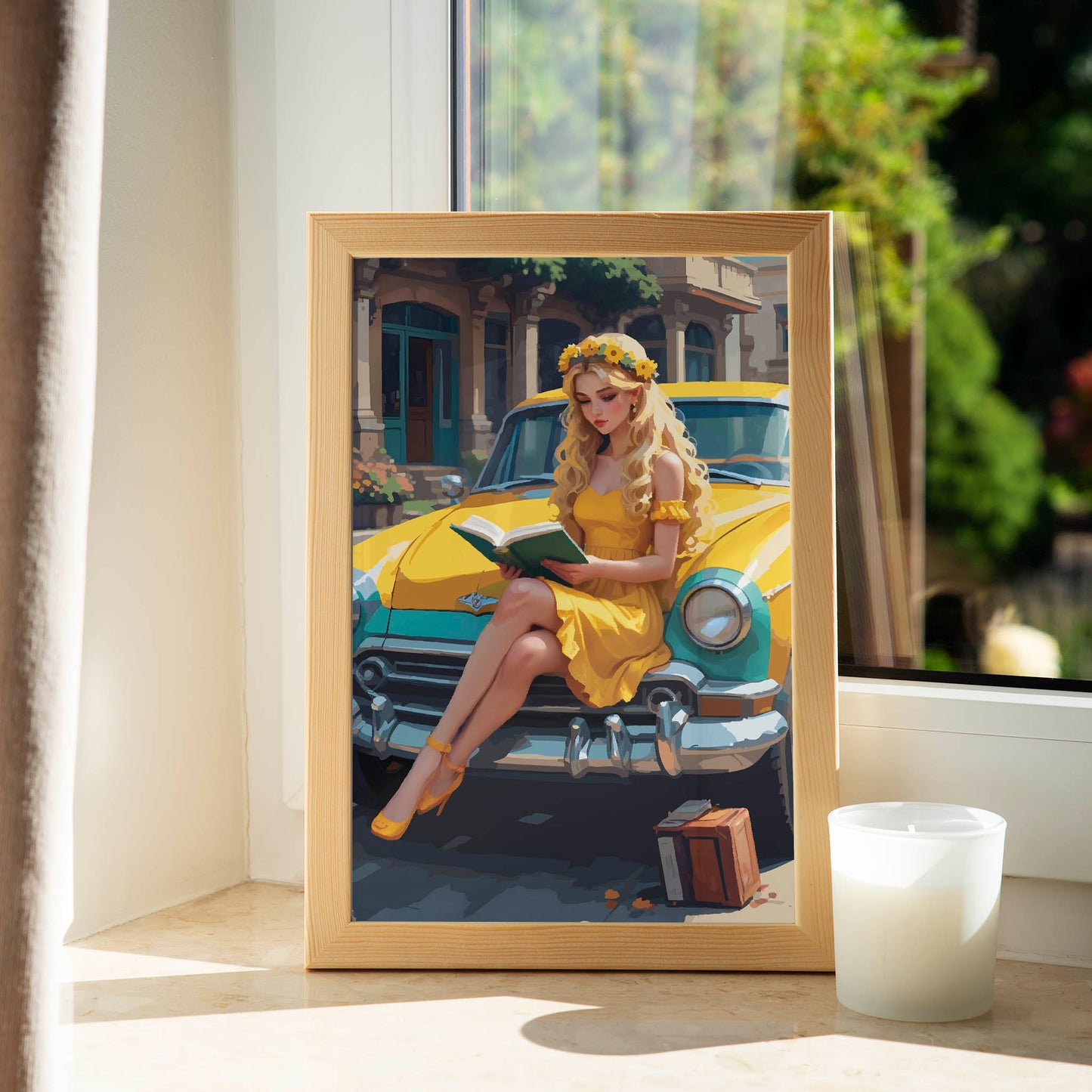 Whimsical countryside fashion art with sunflower crown and vintage automobile, cottagecore printable wall art