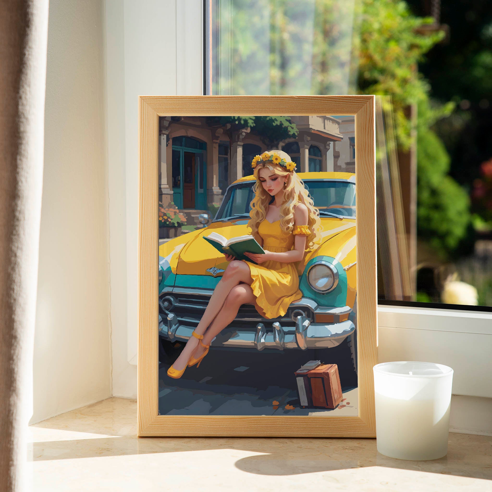 Whimsical countryside fashion art with sunflower crown and vintage automobile, cottagecore printable wall art