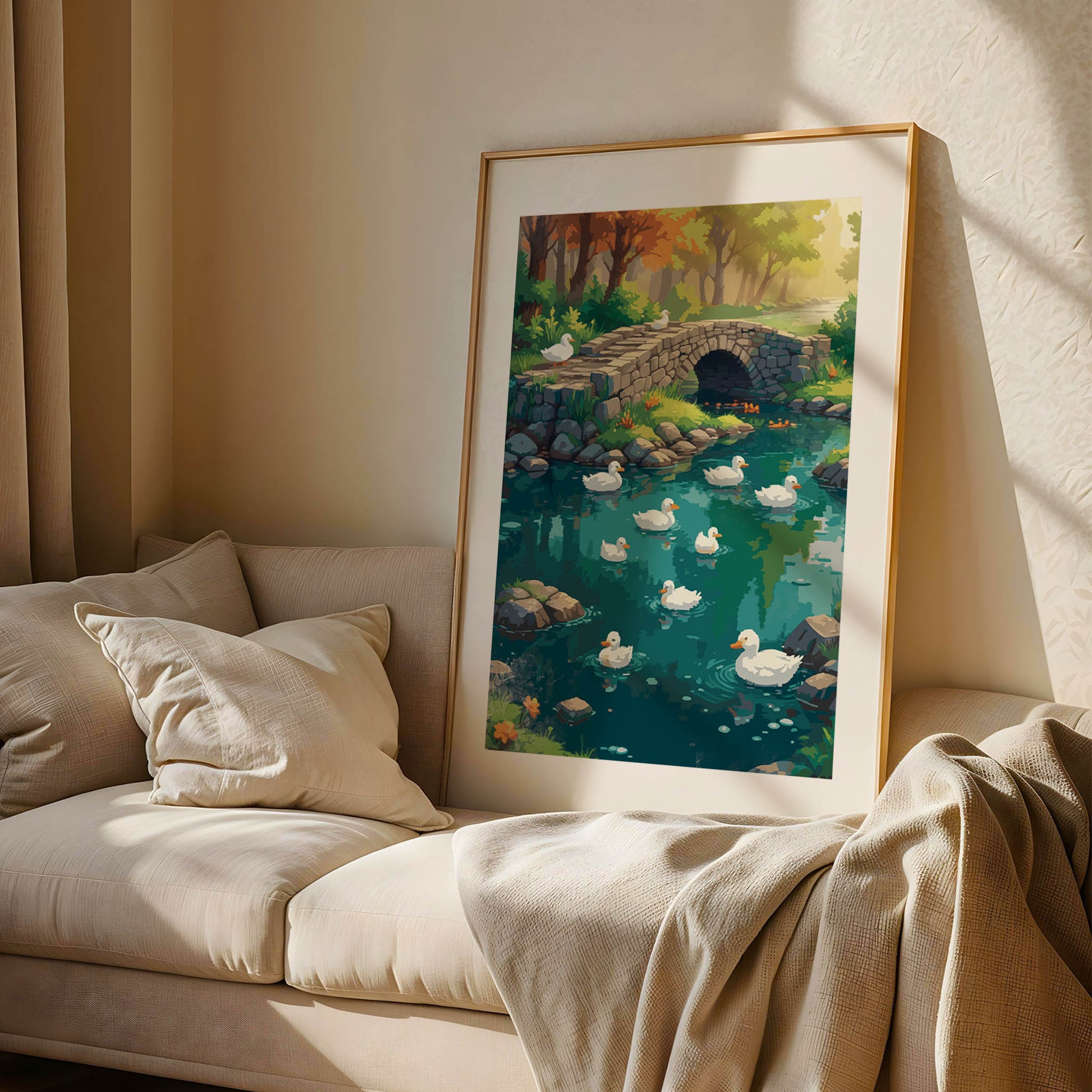 Peaceful nature scene featuring a group of white ducks swimming in a clear blue pond surrounded by rocks and greenery. A charming stone bridge crosses the water, with soft sunlight filtering through the trees, creating a warm and tranquil countryside atmosphere.