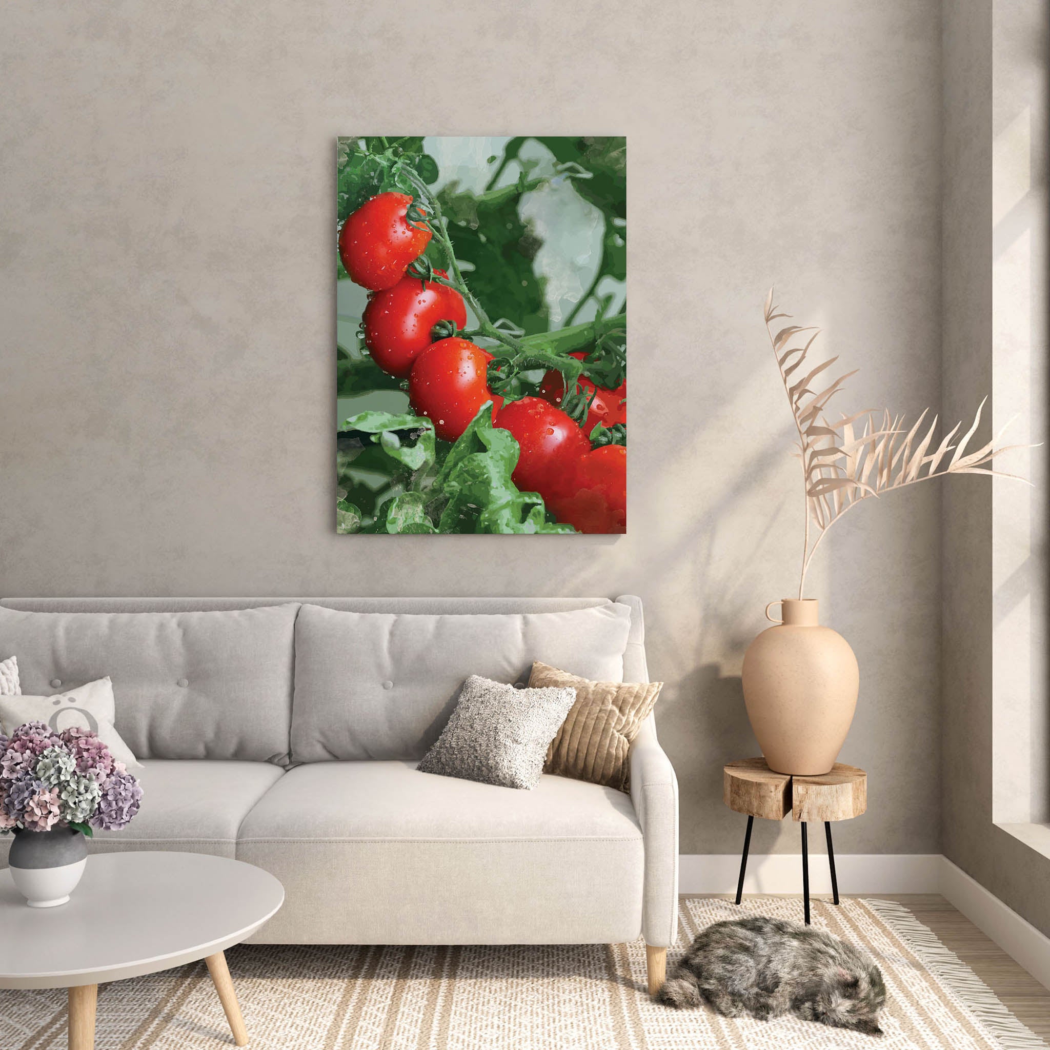 Printable wall art of vibrant red tomatoes on the vine with water droplets, set against lush green foliage, ideal for kitchen decor or farmhouse-themed interiors