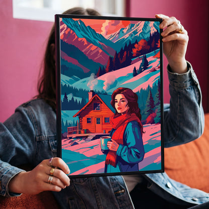 Dopamine-style winter landscape print — a painterly woman in a teal wrap coat with a vivid red fringe scarf cradling a hot drink, set against a richly coloured mountain scene of orange cabin, teal snow-dusted pines, and magenta alpine peaks