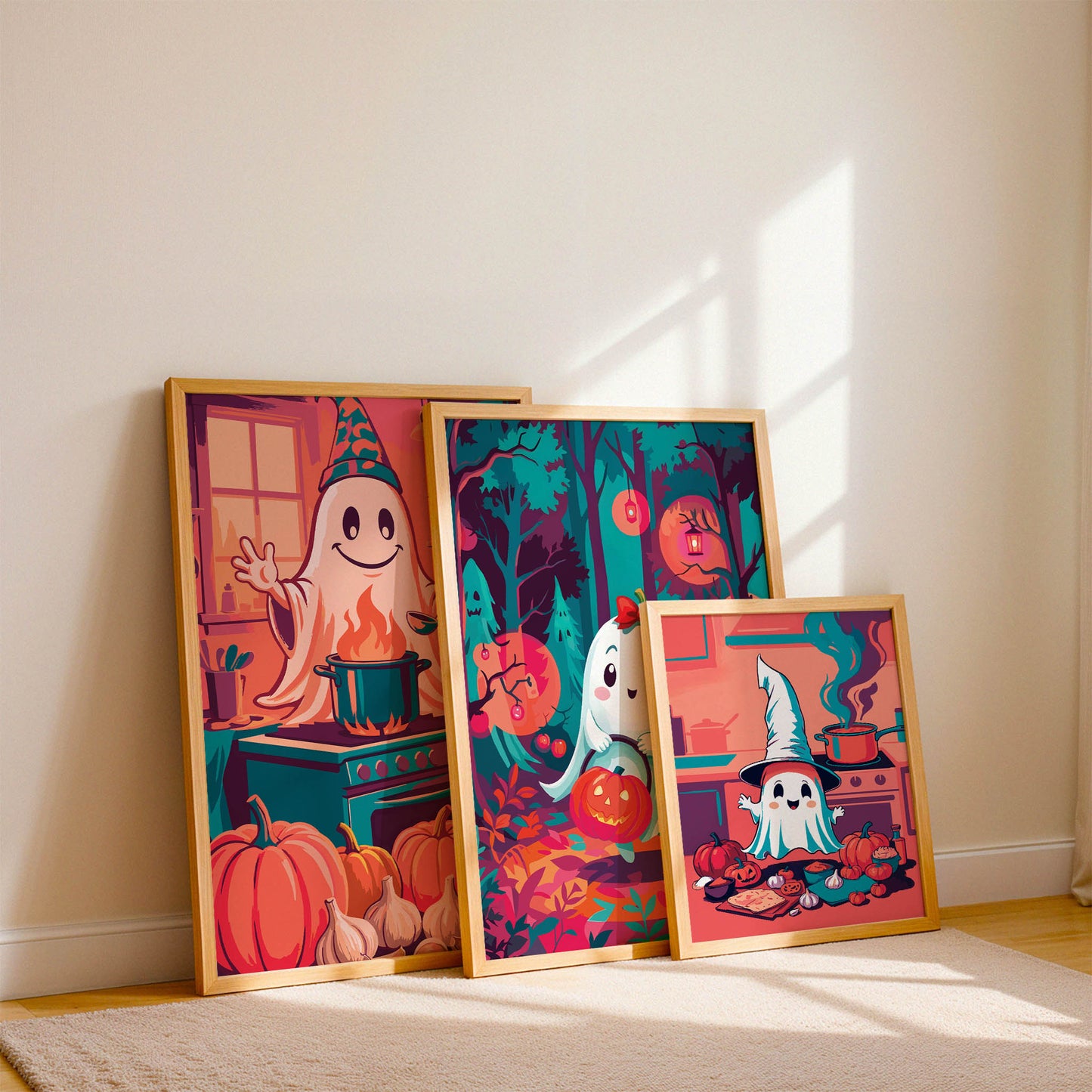 Halloween ghost art bundle - three white-framed dopamine-style prints on a natural oak ledge showing three different illustrated ghost characters in kitchen and woodland Halloween scenes