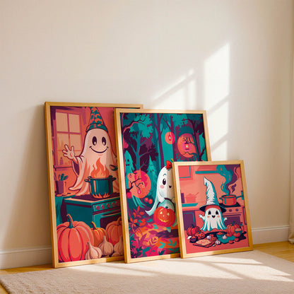 Halloween ghost art bundle - three white-framed dopamine-style prints on a natural oak ledge showing three different illustrated ghost characters in kitchen and woodland Halloween scenes