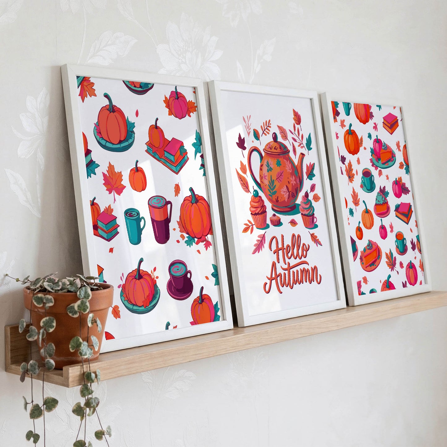 Room mockup of a fall print bundle - three white-framed illustrated prints displayed on a natural wood ledge with a trailing green plant, showing pumpkin, book, and teapot autumn designs