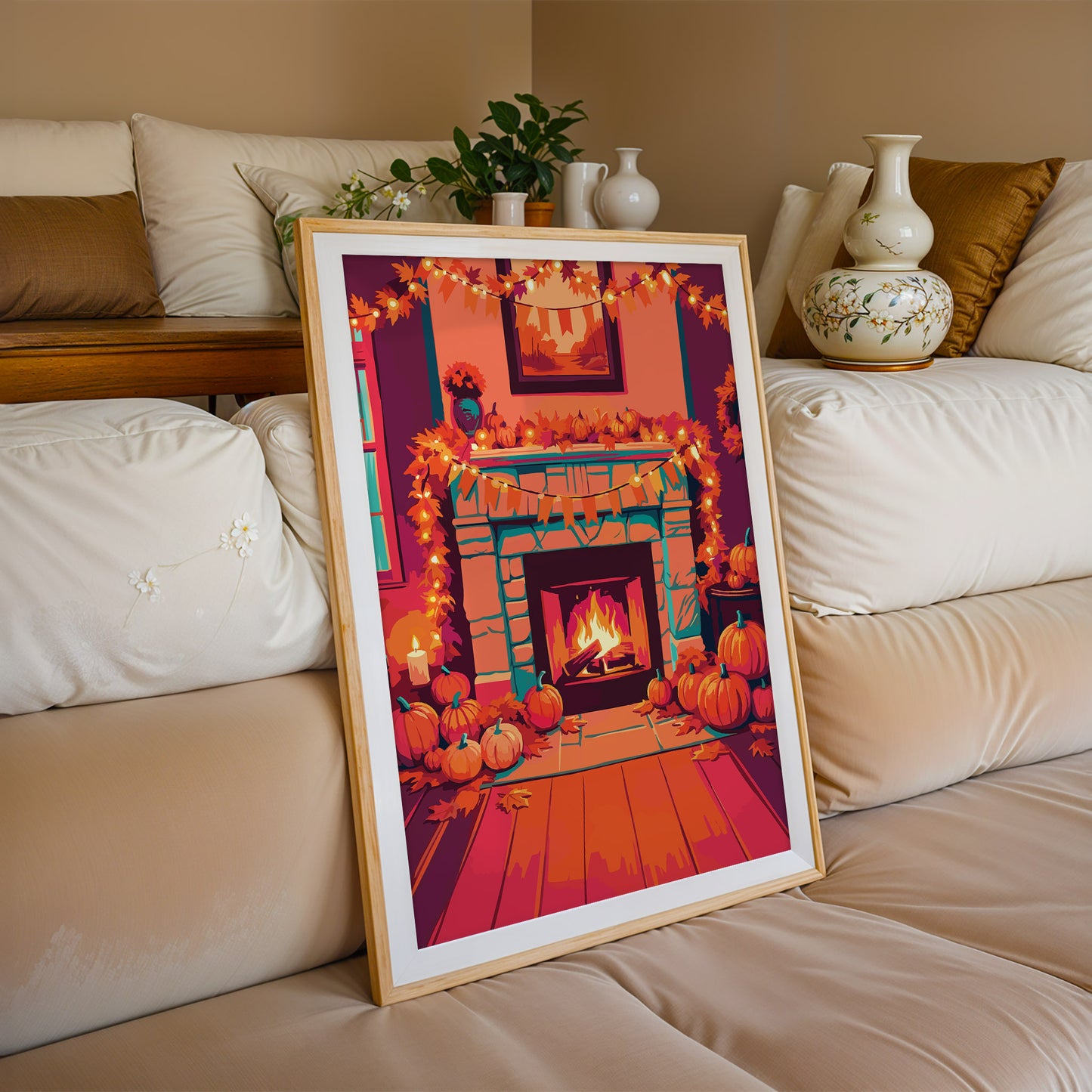 Maximalist harvest scene wall art with a stone fireplace, clusters of orange and pink pumpkins, scattered fall leaves on wood floors, and warm candlelight accents