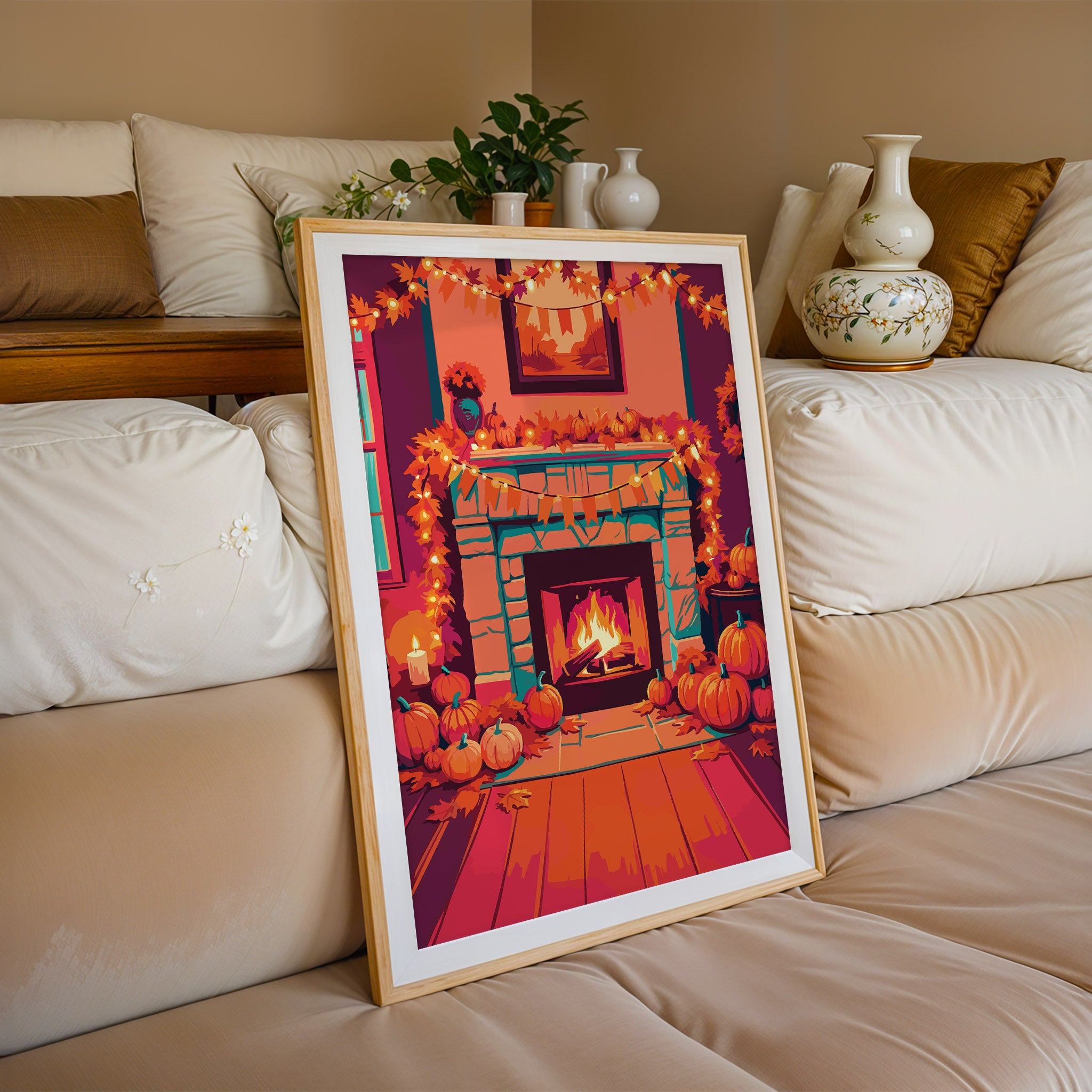 Maximalist harvest scene wall art with a stone fireplace, clusters of orange and pink pumpkins, scattered fall leaves on wood floors, and warm candlelight accents