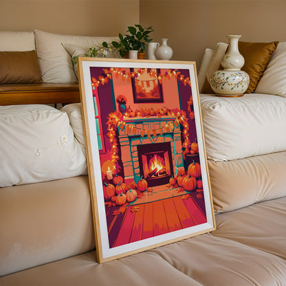 Maximalist harvest scene wall art with a stone fireplace, clusters of orange and pink pumpkins, scattered fall leaves on wood floors, and warm candlelight accents