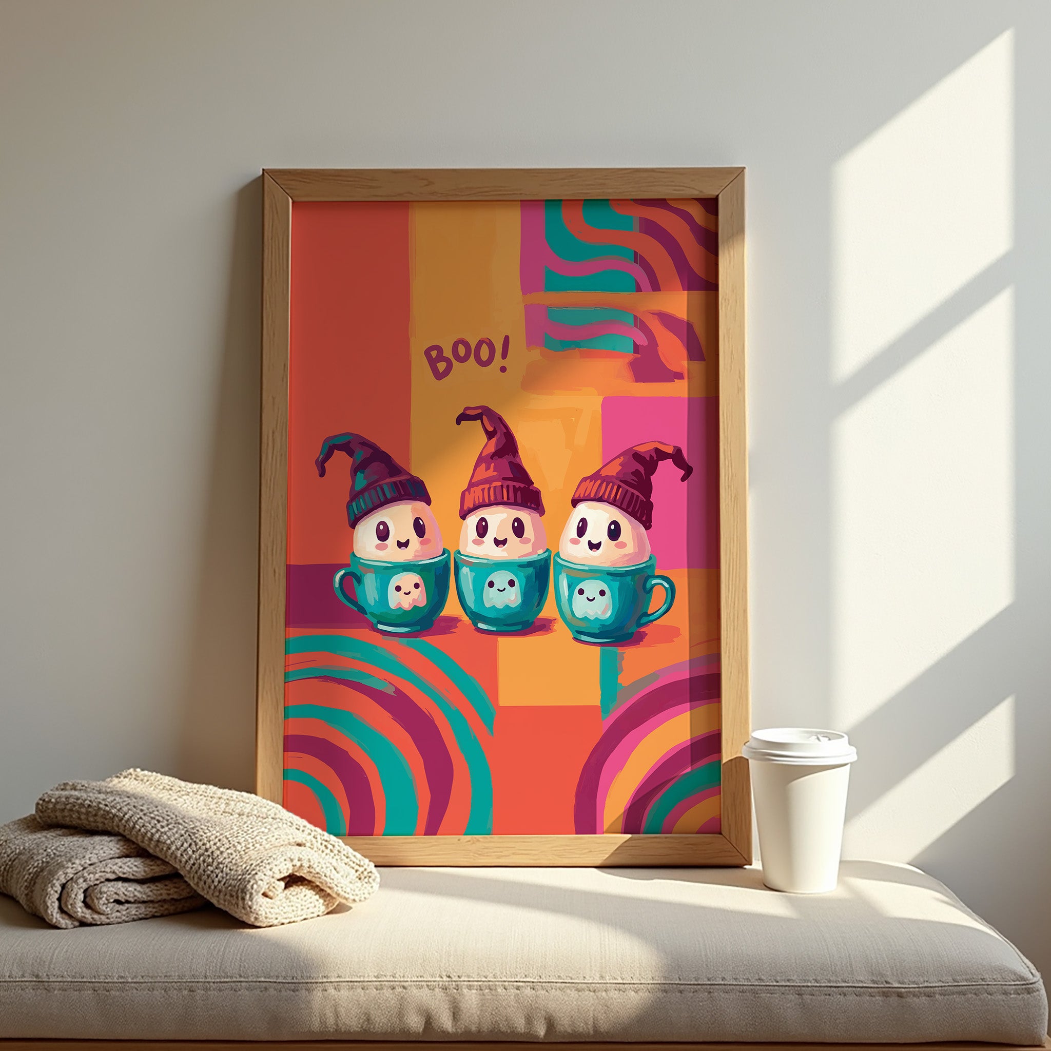 Dopamine-style cute Halloween print - three blushing chibi ghost figures in slouchy purple hats nestled in teal ghost-print mugs, set against a maximalist colour-blocked backdrop of orange, hot pink, and teal concentric stripes