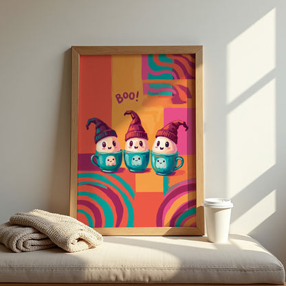 Dopamine-style cute Halloween print - three blushing chibi ghost figures in slouchy purple hats nestled in teal ghost-print mugs, set against a maximalist colour-blocked backdrop of orange, hot pink, and teal concentric stripes