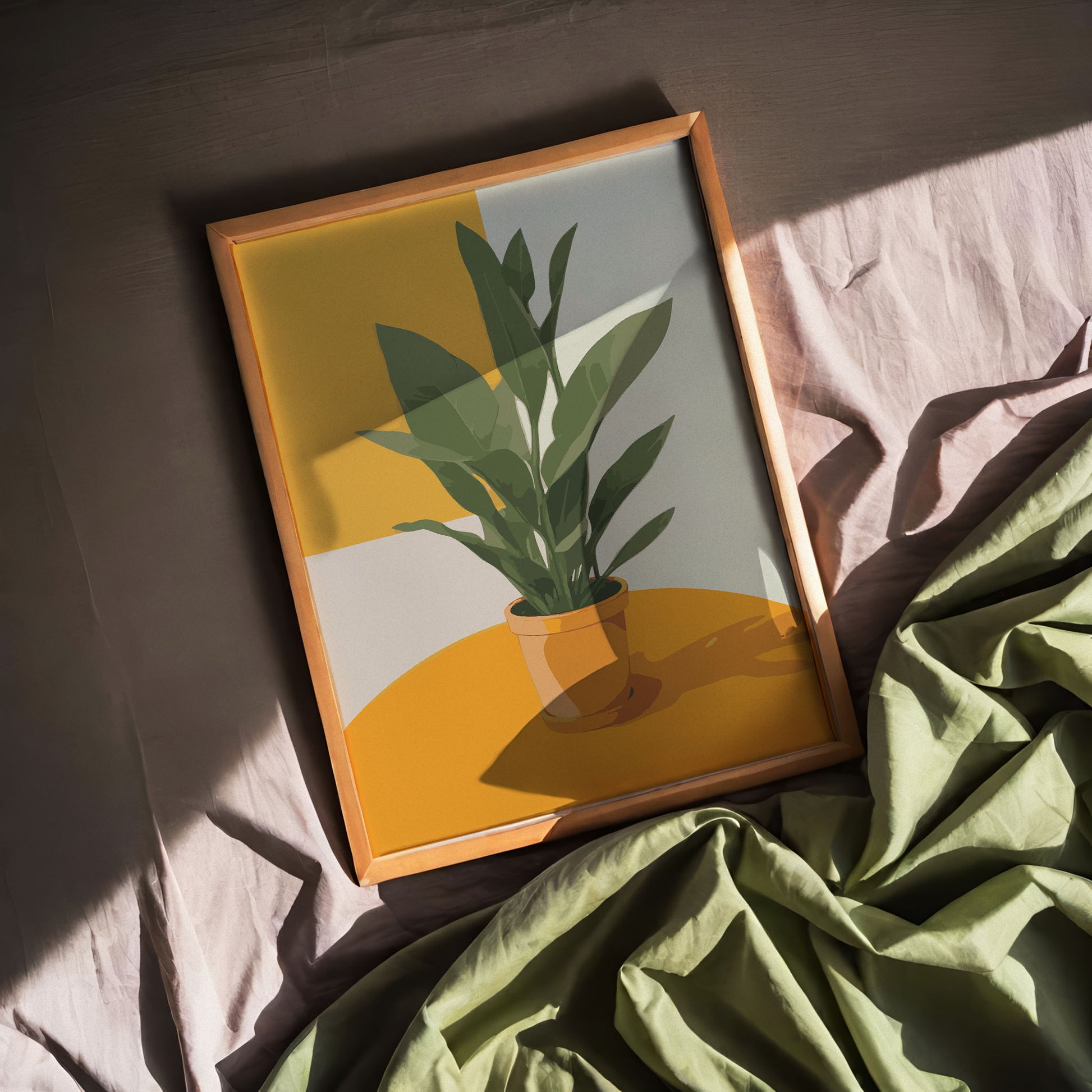 Modern printable wall art of a green potted plant on a vibrant orange table, with bold geometric background in yellow and cream tones - ideal for minimalist or contemporary decor